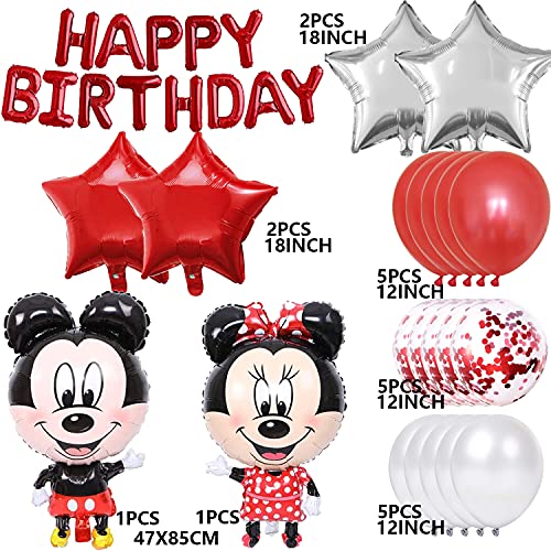 Decoraciones de Cumpleaños de Mickey, Artículos de Fiesta de Mickey y Minnie, Mickey Mouse Themed Decoraciones de Fiesta, Globos de Latex, con Pancarta de Feliz Cumpleaños, 22 Piezas, Rojo