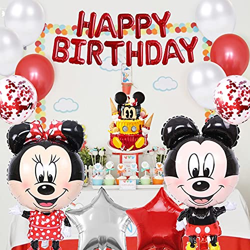 Decoraciones de Cumpleaños de Mickey, Artículos de Fiesta de Mickey y Minnie, Mickey Mouse Themed Decoraciones de Fiesta, Globos de Latex, con Pancarta de Feliz Cumpleaños, 22 Piezas, Rojo