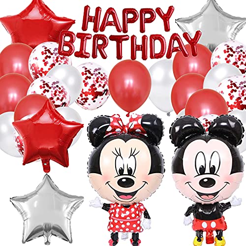 Decoraciones de Cumpleaños de Mickey, Artículos de Fiesta de Mickey y Minnie, Mickey Mouse Themed Decoraciones de Fiesta, Globos de Latex, con Pancarta de Feliz Cumpleaños, 22 Piezas, Rojo