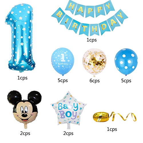 Decoraciones de Cumpleaños de Mickey, BESTZY 1er Cumpleaños Bebe Azul Globos Decoraciones de Fiesta Temática Azul de Mickey Globos de Confeti de Latex Boy