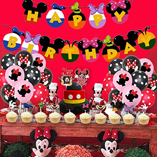 Decoraciones de cumpleaños de Mickey Mouse - WENTS 57PCS Banner de Happy Birthday adorno de pastel Globos de lunares para la fiesta temática de Mickey Mouse