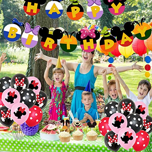 Decoraciones de cumpleaños de Mickey Mouse - WENTS 57PCS Banner de Happy Birthday adorno de pastel Globos de lunares para la fiesta temática de Mickey Mouse