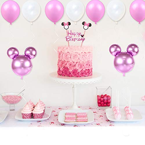 Decoraciones de cumpleaños de Minnie Mouse para niñas Suministros para la fiesta Minnie rosa con globos tipo Minnie Mouse, guirnalda de cumpleaños feliz y adorno para pasteles