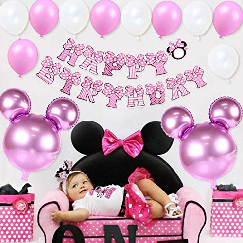 Decoraciones de cumpleaños de Minnie Mouse para niñas Suministros para la fiesta Minnie rosa con globos tipo Minnie Mouse, guirnalda de cumpleaños feliz y adorno para pasteles