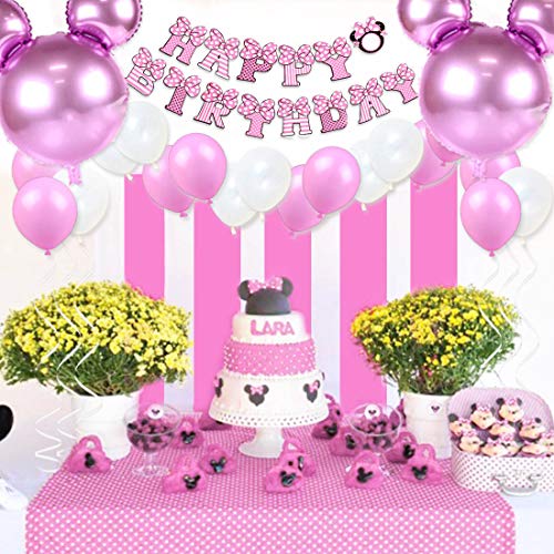 Decoraciones de cumpleaños de Minnie Mouse para niñas Suministros para la fiesta Minnie rosa con globos tipo Minnie Mouse, guirnalda de cumpleaños feliz y adorno para pasteles