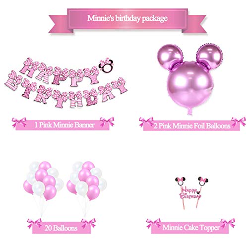 Decoraciones de cumpleaños de Minnie Mouse para niñas Suministros para la fiesta Minnie rosa con globos tipo Minnie Mouse, guirnalda de cumpleaños feliz y adorno para pasteles