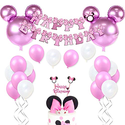 Decoraciones de cumpleaños de Minnie Mouse para niñas Suministros para la fiesta Minnie rosa con globos tipo Minnie Mouse, guirnalda de cumpleaños feliz y adorno para pasteles