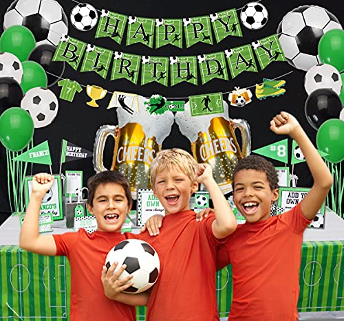 Decoraciones de Fiesta de Fútbol - Banners de Happy Birthday de Tema de Fútbol, 1 Mantel, 10 Adornos para Tartas y 19 Globos para Fiesta de Cumpleaños de Niños y Aficionados al Fútbol