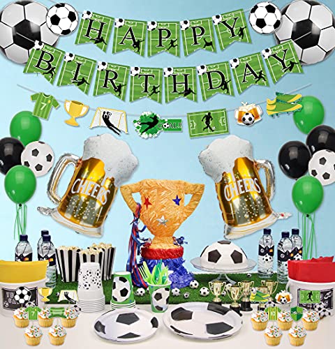 Decoraciones de Fiesta de Fútbol - Banners de Happy Birthday de Tema de Fútbol, 1 Mantel, 10 Adornos para Tartas y 19 Globos para Fiesta de Cumpleaños de Niños y Aficionados al Fútbol