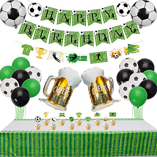 Decoraciones de Fiesta de Fútbol - Banners de Happy Birthday de Tema de Fútbol, 1 Mantel, 10 Adornos para Tartas y 19 Globos para Fiesta de Cumpleaños de Niños y Aficionados al Fútbol