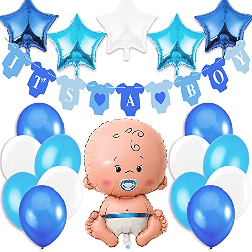 Decoraciones Fiesta de Bienvenida de Bebe Niño. Bandera Es Un Chico It’s a Boy, Globo de Aluminio a Recien Nacido, 5 Estrellas Globos de Aluminio, 12 Globos. Accessorios Baby Shower