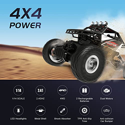 DEERC RC Cars - Coche de control remoto 1:14 Off Road Monster Truck, 2.4 Ghz todo terreno Hobby Truck con 2 baterías para 90 minutos de juego, regalos para niños y adultos