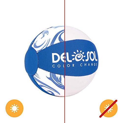 Del Sol - Mini bola de playa que cambia de color - Cambia de color de blanco y azul a tiburones y ondas en el sol - impermeable, costuras resistentes, totalmente infladas - 6 pulgadas de diámetro