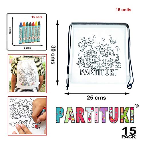 Detalles para Niños Partituki. 15 Mochilas para Colorear y 15 Sets de 7 Ceras de Colores. Detalles Fiestas Infantiles. Con Certificado CE de no Toxicidad