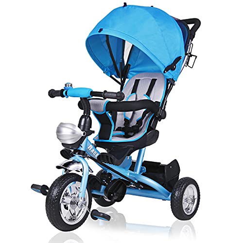 Deuba Triciclo con Asiento Giratorio Azul 2en1 Coche para bebés niños hast 30Kg Adaptable cinturón