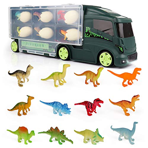 Dinosaurios Camión Juguetes Huevos de Dinosaurio Remolque para Coche 18 Figuras Almacenamiento Aquadragons Juegos Educativos de Ciencias Regalos para Niños 3 4 5 6 Años