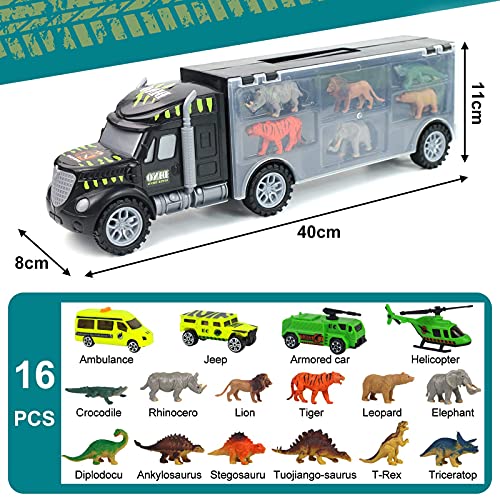 Dinosaurios Juguetes Camión Transportador con 6 Dinosaurios,Animales de Juguete,3 Coches de Juguetes y 1 Helicóptero,Doble Interior de Almacenamiento Juguetes Educativos Niños Niñas 3 4 5 6 Años