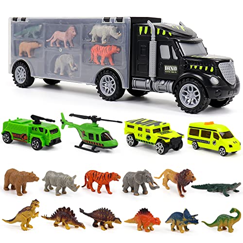 Dinosaurios Juguetes Camión Transportador con 6 Dinosaurios,Animales de Juguete,3 Coches de Juguetes y 1 Helicóptero,Doble Interior de Almacenamiento Juguetes Educativos Niños Niñas 3 4 5 6 Años