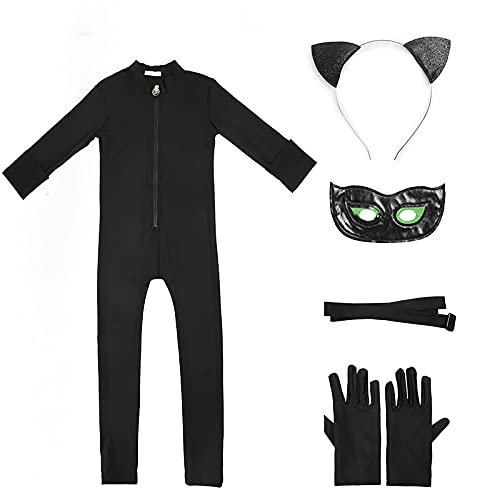 Disfraz de Cat Noir Niños, Máscara Diadema Manga Larga Monos Actuación Cumpleaños Halloween Carnaval Navidad Regalo Cosplay (Negro, Small)