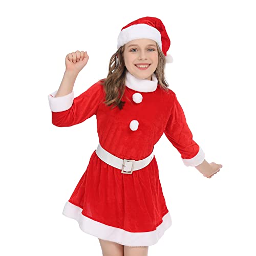 Disfraz de Máma Noel para Chicas, Vestido Rojo con Cinturón y Gorro de Navidad para Cosplay de Papá Noel, 3pcs (4-6 años)