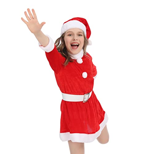 Disfraz de Máma Noel para Chicas, Vestido Rojo con Cinturón y Gorro de Navidad para Cosplay de Papá Noel, 3pcs (4-6 años)