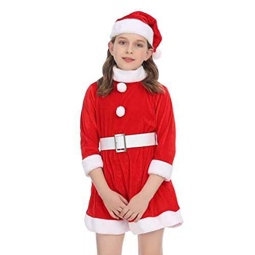 Disfraz de Máma Noel para Chicas, Vestido Rojo con Cinturón y Gorro de Navidad para Cosplay de Papá Noel, 3pcs (4-6 años)