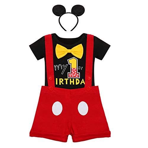 Disfraz infantil de Mickey para niños de 4 piezas con lazo para los oídos, #A: Negro Mon 1 Anniversary, 6-12 Meses