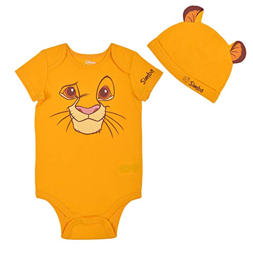 Disney Baby’s Short Sleeve Onesie with Cap, Lion King Simba Costume, Yellow Romper Set, Size 12M