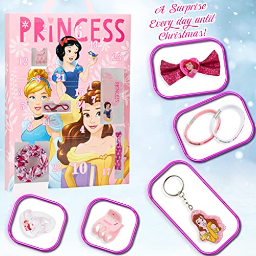 Disney Calendario Adviento 2021, Calendarios de Adviento de Juguete con 24 Accesorios Pelo Niña y Joyas de las Princesas Disney, Regalos de Navidad Para Niñas