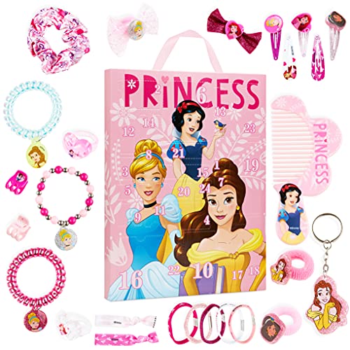 Disney Calendario Adviento 2021, Calendarios de Adviento de Juguete con 24 Accesorios Pelo Niña y Joyas de las Princesas Disney, Regalos de Navidad Para Niñas