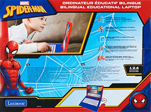 Disney Marvel Spider-Man Peter Parker - Ordenador Educativo bilingüe, aprende y Juega - 124 Actividades para Descubrir Matemáticas, Música, Conocimiento, Lógica, Juegos -Francés/Inglés, Azul/Rojo, JC