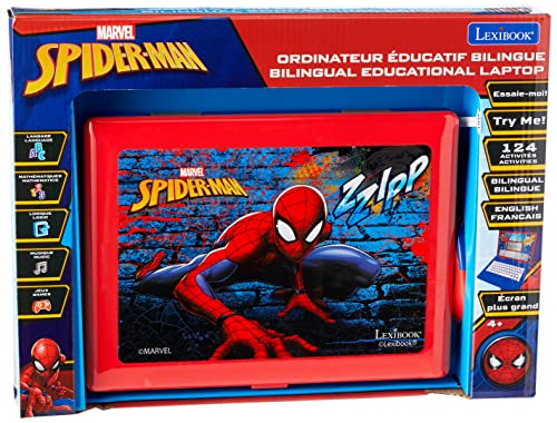 Disney Marvel Spider-Man Peter Parker - Ordenador Educativo bilingüe, aprende y Juega - 124 Actividades para Descubrir Matemáticas, Música, Conocimiento, Lógica, Juegos -Francés/Inglés, Azul/Rojo, JC