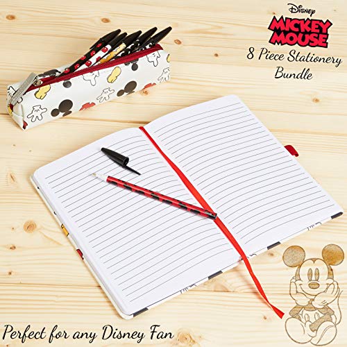 Disney Mickey Mouse Set Papeleria, Incluye Estuche Escolar Cuaderno A5 y Set de 6 Boligrafos Bonitos, Material Escolar o de Oficina, Regalos Originales Para Mujer Niñas