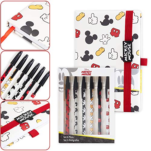 Disney Mickey Mouse Set Papeleria, Incluye Estuche Escolar Cuaderno A5 y Set de 6 Boligrafos Bonitos, Material Escolar o de Oficina, Regalos Originales Para Mujer Niñas