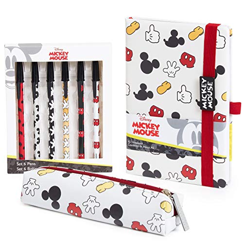 Disney Mickey Mouse Set Papeleria, Incluye Estuche Escolar Cuaderno A5 y Set de 6 Boligrafos Bonitos, Material Escolar o de Oficina, Regalos Originales Para Mujer Niñas