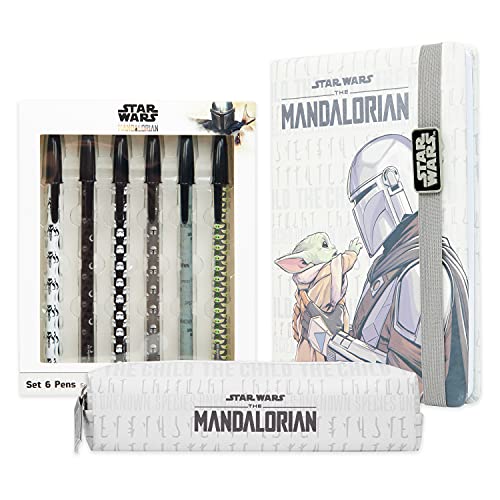 Disney The Mandalorian Set Papeleria para Niños de Star Wars, Incluye Estuche Escolar, Bloc De Notas de Baby Yoda y Bolígrafos de The Mandalorian