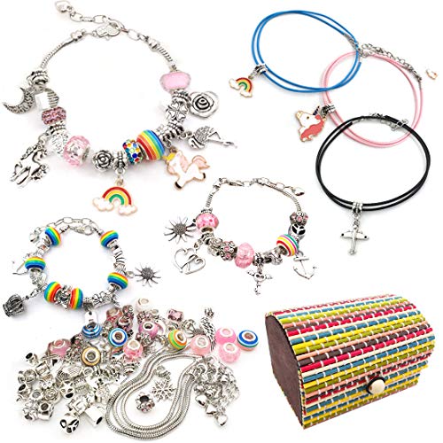 DMAXUN Kit para Hacer Pulseras niñas con dijes para niñas 70 Piezas de joyería DIY Arts Craft Sets niños Charm Bracelets Colgantes Rainbow Silver Caja de Regalo Collares de Cadenas Cuentas Plateadas