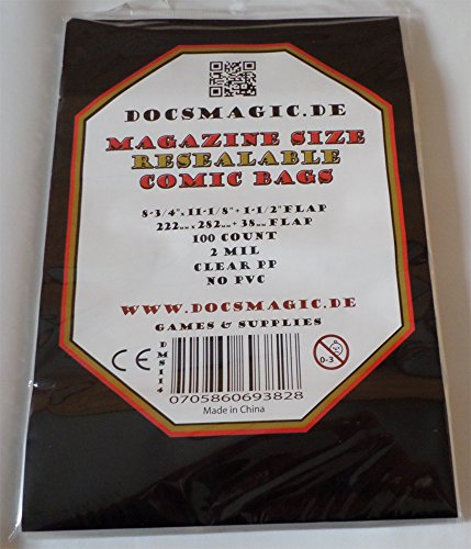 docsmagic.de 100 Resealable Magazine Size Comic Book Bags 8-3/4"x 11-1/8"+ 1-1/2"Flap- 2 Mil - Auto-Adhesivas Bolsas Protectoras