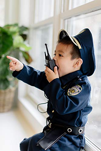 Dress Up America Disfraz de policía para niños: camisa, pantalones, sombrero, cinturón, silbato, funda de pistola y conjunto de policía con walkie talkie