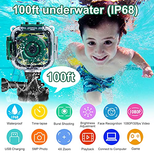 DROGRACE Cámara de acción para niños Impermeable 1080P Videocámara para niños y niñas con Pantalla LCD de 1,5" y Zoom Digital