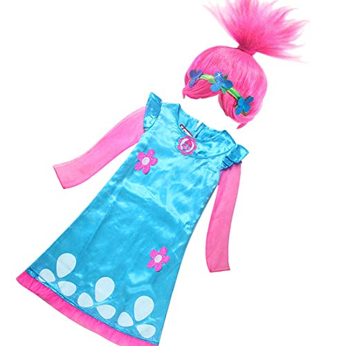 DSJHJRE Disfraz de amapola para niños y niñas con trolls, para fiestas de cumpleaños, cosplay, Halloween, disfraz con peluca (azul 2, 150 (11-12 años)