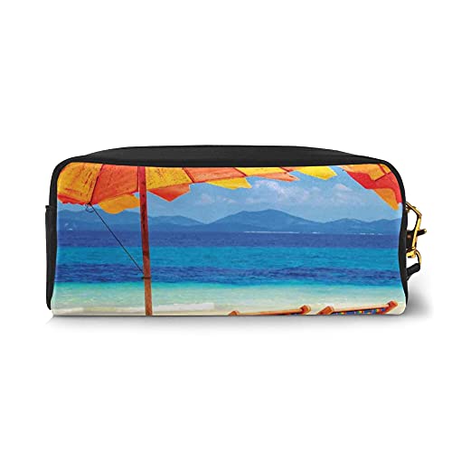 Durable Pencil case,Deck Chairs Overlooking Tropical Sea Of Thailand Beach Exotic Holiday Picture,Large Capacity Cosmetic Bag Pencil Case