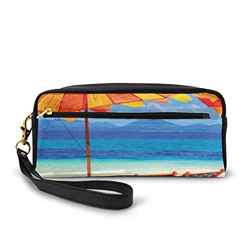 Durable Pencil case,Deck Chairs Overlooking Tropical Sea Of Thailand Beach Exotic Holiday Picture,Large Capacity Cosmetic Bag Pencil Case