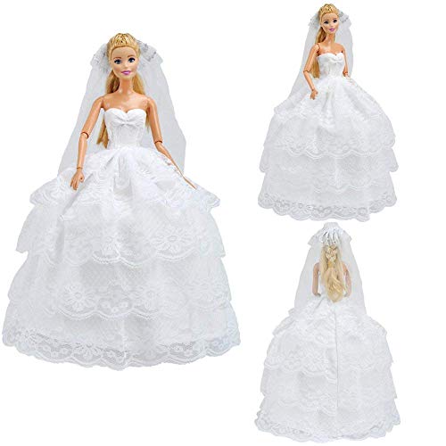 E-TING Princesa Muñeca Vestido Noche Fiesta Encaje Blanco Vestido de Fiesta bordado Barbie ropa de la boda con velo traje traje traje Formal + Set para muñeca de Ken de Barbie