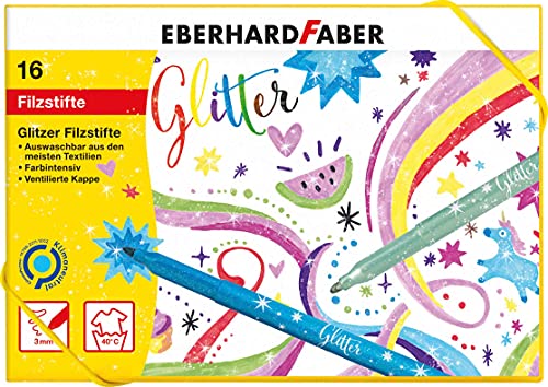 Eberhard Faber 551016 – Rotuladores con purpurina en 16 colores brillantes, grosor de la mina: 3 mm, lavable, en cartón duro, para dibujar, colorear, manualidades y escribir.