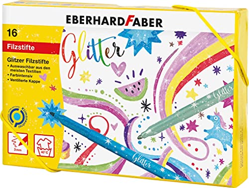 Eberhard Faber 551016 – Rotuladores con purpurina en 16 colores brillantes, grosor de la mina: 3 mm, lavable, en cartón duro, para dibujar, colorear, manualidades y escribir.