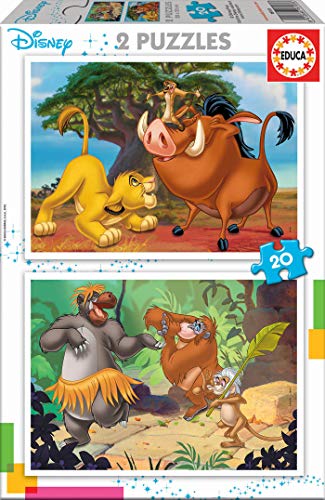 Educa - Disney Animals Rey Leon, el Libro de la Selva, Simba, Baloo 2 Puzzles x 20 Piezas, Multicolor (18103)