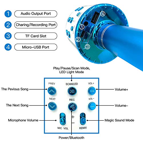 EEM Micrófono inalámbrico Karaok, 4 en 1 máquina portátil de Karaoke con Altavoz portátil Bluetooth, Reproductor KTV doméstico con función de grabación(Blue)