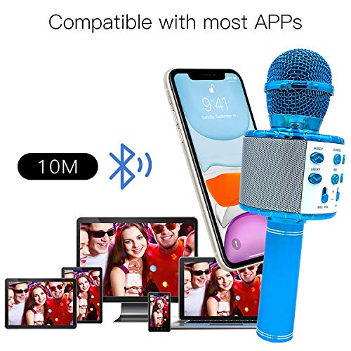 EEM Micrófono inalámbrico Karaok, 4 en 1 máquina portátil de Karaoke con Altavoz portátil Bluetooth, Reproductor KTV doméstico con función de grabación(Blue)