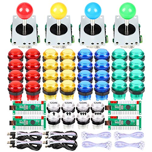 EG STARTS 4 Player Classic DIY Arcade Joystick Kit Parts USB Encoder para PC Juegos de Controles 4/8 Way Stick 5V led Botones iluminados para Videojuegos Consolas Mame Raspberry Pi y 4 Colores